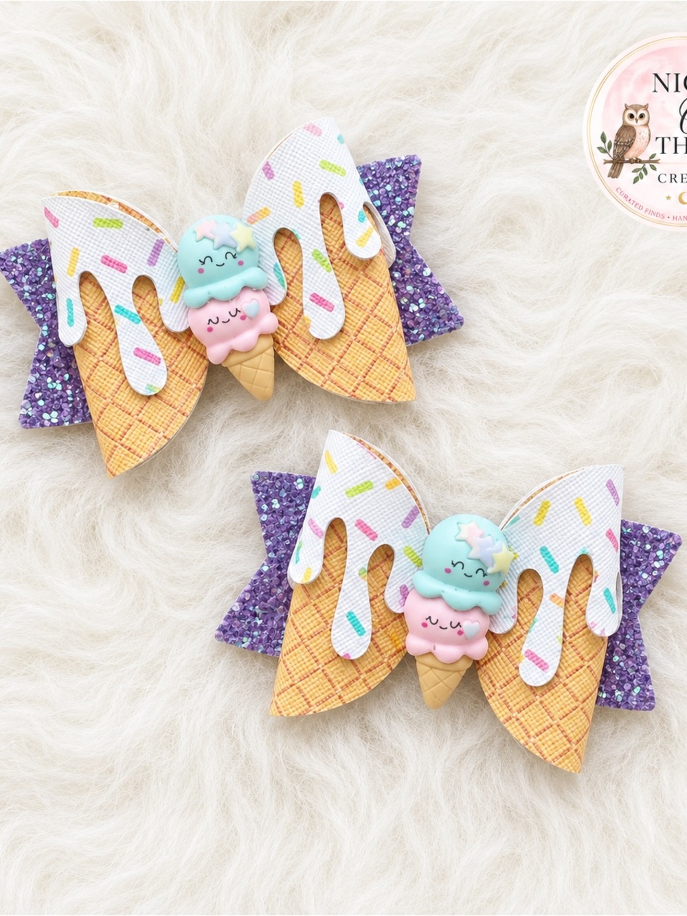 Kawaii Ice‎ Cream Cone Double Bow Hair Clips - Glitter Blue & Pink, Purple